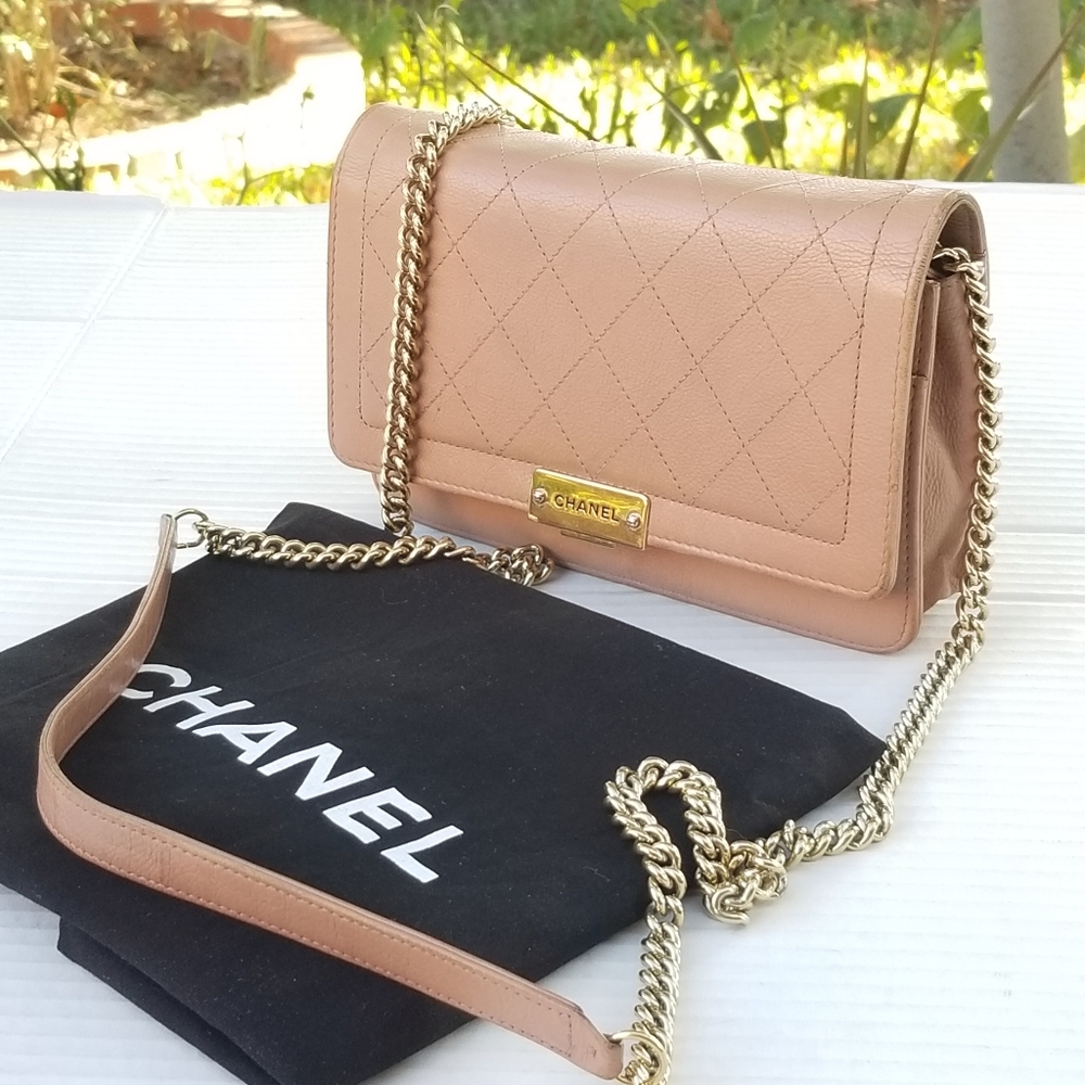 CHANEL Timeless Grained Calfskin Quilted Label Click Flap Wallet On Chain WOC